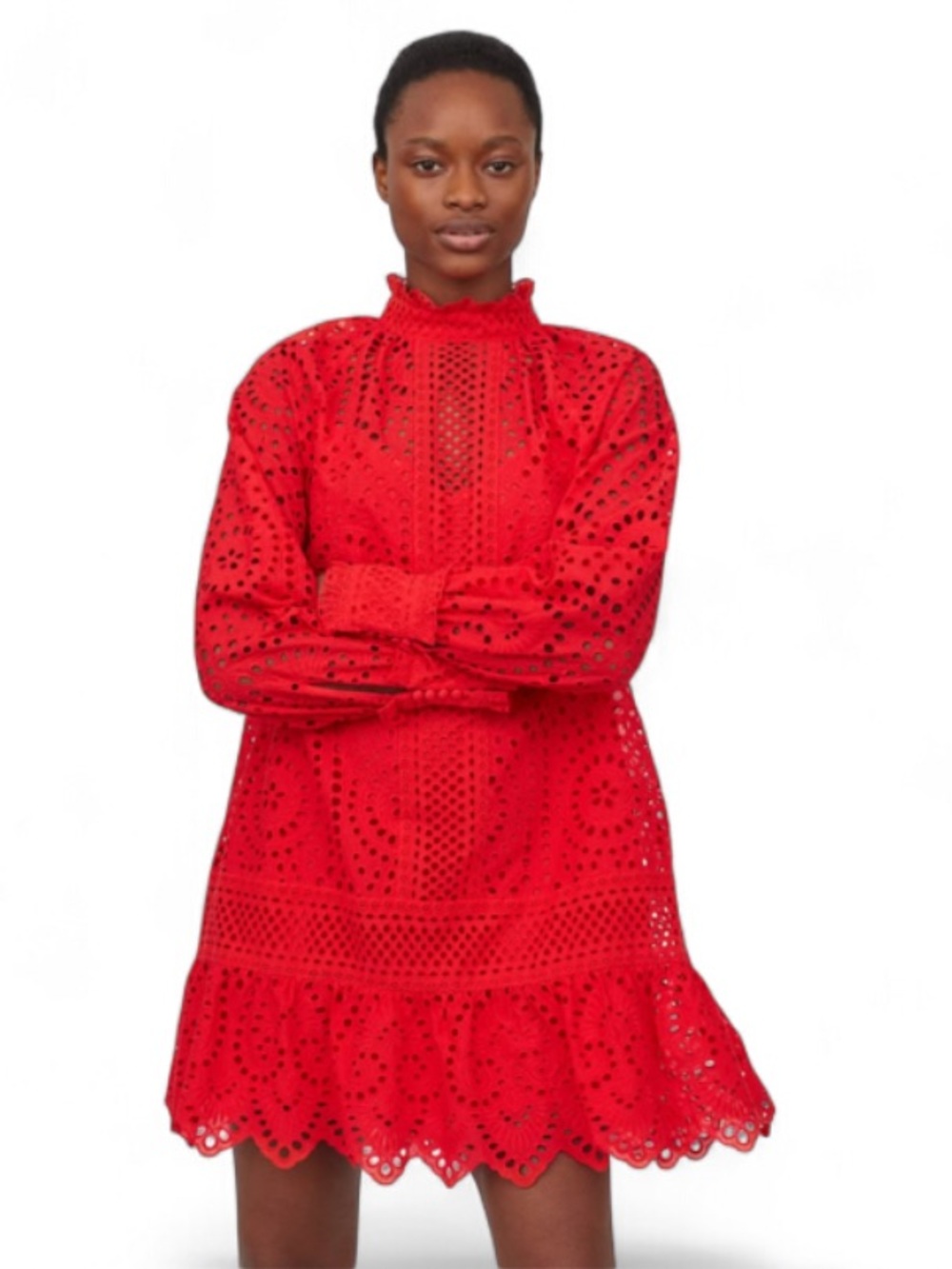 Red/Coral Eyelet Lace High-Neck Mini Dress